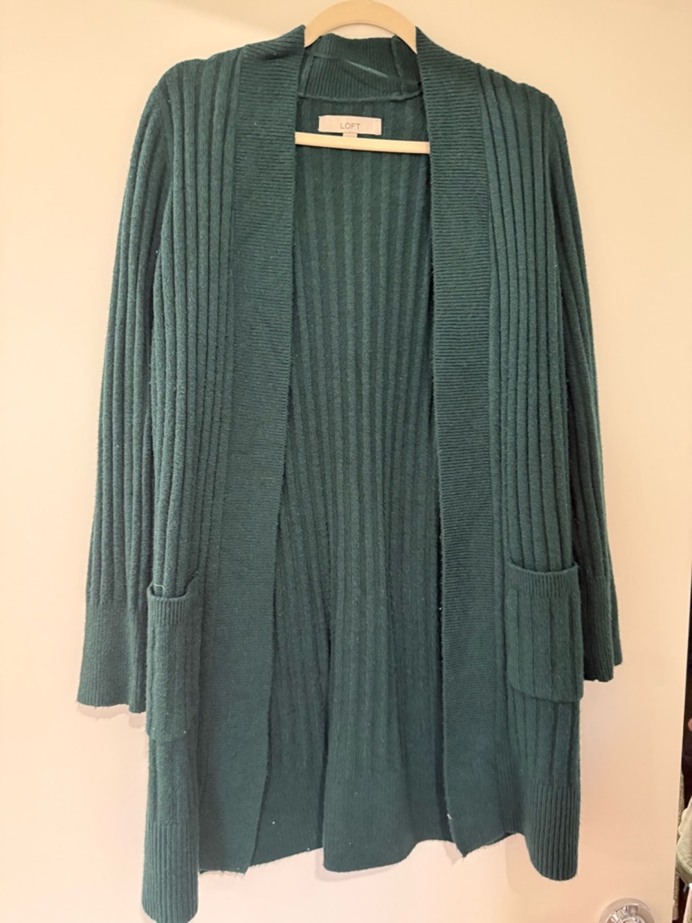 LOFT Teal Ribbed Open-Front Cardigan with Pockets